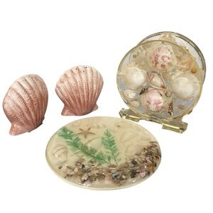 Vintage MCM Kitchen Set Seashell Lucite Napkin Holder, Trivet, New S&P shakers